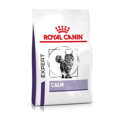 Royal Canin Expert Calm macskaeledel, fehér csomagolás, lila sávval, középen macskakép, látható feliratok: ROYAL CANIN, EXPERT, CALM, S/O INDEX.