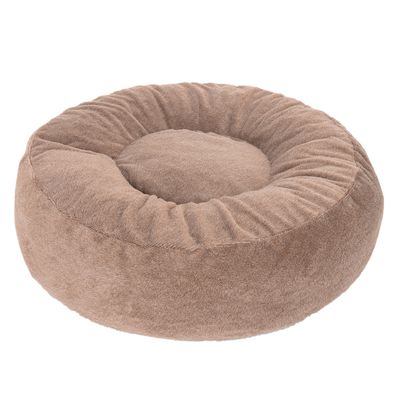 Rundes, weisses Plüsch-Haustierbett mit Farboptionen in Grün, Beige, Grau und Braun.