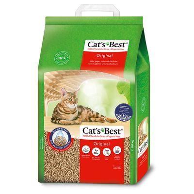 Cat's Best Original mačji pijesak, europski br. 1 od biljnih vlakana, grudajući, biorazgradiv, niska prašina, učinkovit. Pakiranje prikazuje mačku i detalje proizvoda.