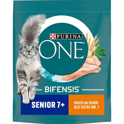Purina ONE Bifensis Senior 7+, reich an Huhn als Zutat Nr. 1, Verpackung mit Bild einer Katze, Hühnerfleisch und Getreide.
