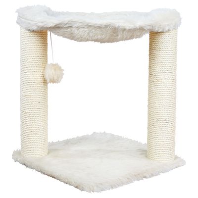 Cat tree with two sisal posts, plush lying surface and play ball on a string. Colour: white.