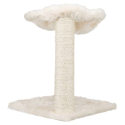 Cat tree with white plush cover, sisal scratching post and padded top lying surface.