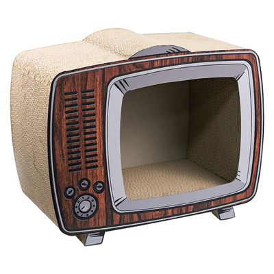 Cardboard cat house shaped like a retro television with wood look and scratching surface inside.
