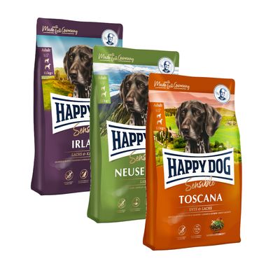 Tri pakiranja Happy Dog Sensible suhe hrane za pse: Toscana, Neuseeland i Irland, svako 11 kg. Na pakiranjima je slika psa i natpis 'Made in Germany'.