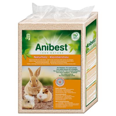 Anibest lecho para pequeños animales de madera natural, 60L, para pequeños animales. Súper absorbente, controla olores, 100% compostable. Certificado PEFC, ecológico y sostenible.