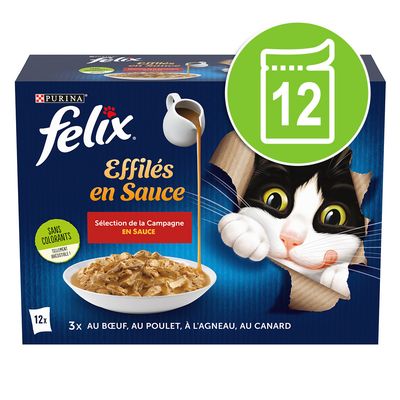 Purina Felix Effilés en Sauce, válogatás szószban, színezék nélkül. 12 adagos csomag: marha, csirke, bárány, kacsa.