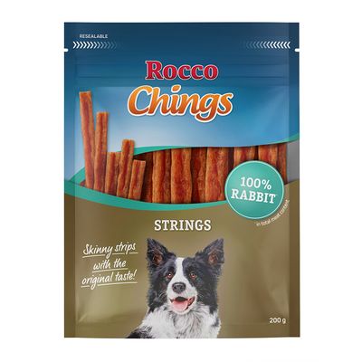 Rocco Chings Strings, 100% pulyka, vékony csíkok eredeti ízzel, 200 g, csomagolás kutyaképpel.