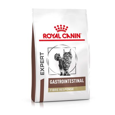 Royal Canin Expert Gastrointestinal Fibre Response macskaeledel csomagolás, fekete-fehér macska képpel, barna és arany színű feliratokkal.