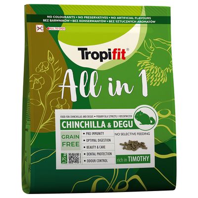 Tropifit All in 1 Chinchilla & Degu, gabonamentes, timothy szénában gazdag, támogatja az immunrendszert, emésztést, fogvédelmet, mesterséges adalékok nélkül. Kiszerelés: 1,75 kg.