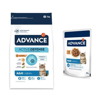 Advance Active Defense alimento para gatos adultos, 1-10 años, con pollo, prebióticos, fibras, proteínas vegetales, sin conservantes artificiales. Tamaño: 3 kg.