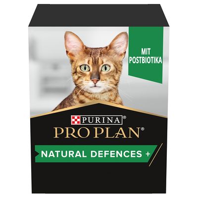 Caja de Purina Pro Plan Natural Defences+ para gatos, 60 g en polvo. Texto visible: With postbiotics, Avec des postbiotiques, Helps support immunity, Renforce l’immunité.