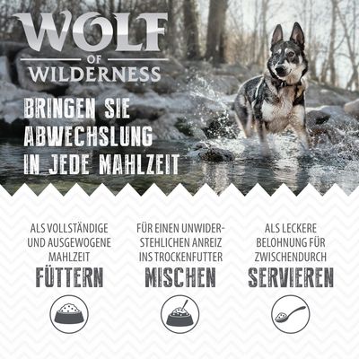 Wolf of Wilderness. Unesite raznolikost u svaki obrok: poslužite kao potpuni obrok, pomiješajte sa suhom hranom, poslužite kao nagradu između obroka.