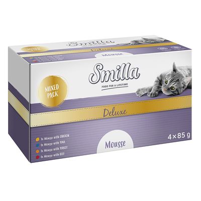 Smilla Deluxe vegyes csomag macskaeledel, 4x85g. Változatok: falatok csirkével, pulykával, lazaccal, vaddal; mousse csirkével, tonhallal, pulykával, tojással.