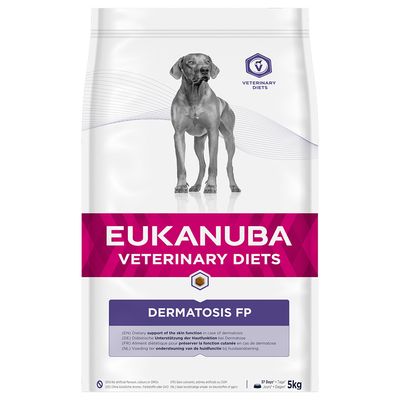 Eukanuba Veterinary Diets Dermatosis FP, dietetyczne wsparcie funkcji skóry przy dermatozach. Opakowanie 5 kg, bez sztucznych aromatów, barwników ani GMO.