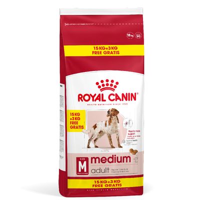 Royal Canin Medium Adult kutyatáp, 15 kg + 3 kg ingyen. Támogatja az izomtömeget és az optimális egészséget. Közepes testű kutyáknak 12 hónapos kortól.