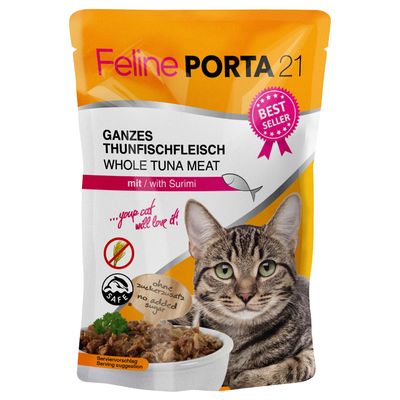 Feline Porta 21 carne de pollo fina, pura. Sin azúcar añadido. Sugerencia de presentación: cuenco con carne de pollo. Sello de Best Seller visible.
