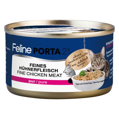 Feline Porta 21 carne de pollo fina, pura. Sin azúcares añadidos. Sugerencia de presentación con cuenco de pollo y gato.