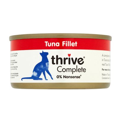 thrive Complete Chicken Breast 24 x 75g tins, yellow and white packaging with blue cat silhouette, visible text: 0% Nonsense