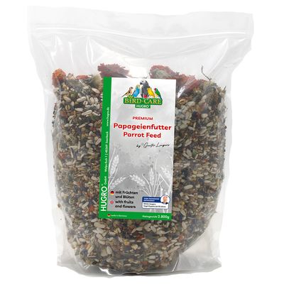 Hugro Bird Care Premium papagáj eledel, gyümölcsökkel és virágokkal, nettó tömeg 2 800 g, Németországban készült.