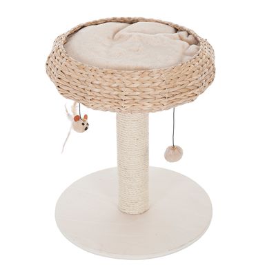 Cat scratching post with woven basket bed, beige cushion, sisal-wrapped post, round wooden base, hanging mouse and ball toys. Orange badge reads 'Top Seller' in top right corner.