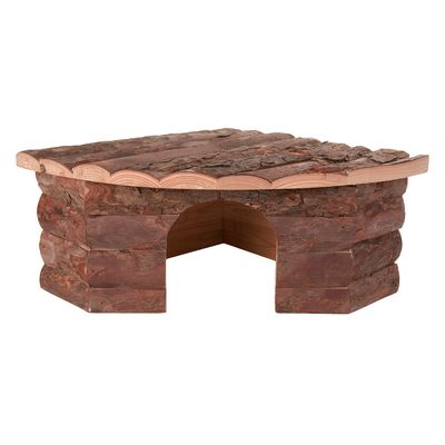 Wooden house made of natural wood with curved roof and open entrance, suitable as shelter or decoration.