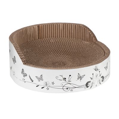 Round scratching mat made of corrugated cardboard with white edge, decorated with butterfly and flower motifs.