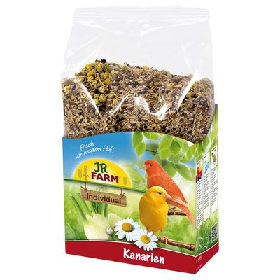 JR Farm Individual Kanarien magkeverék átlátszó zacskóban, elől két kanári madár képe és felirat: Kanarien. Csomagolás oldalán etetési útmutató látható.