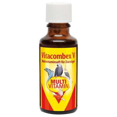 Vitacombex V jarabe multivitamínico para aves ornamentales. Etiqueta amarilla con imágenes de loro, periquito, canario y otras aves ornamentales. Texto: Multi Vitamin.