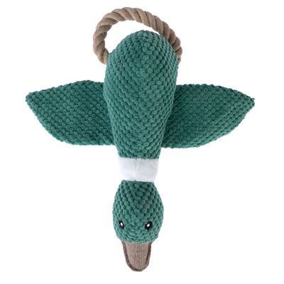 Zöld textil játék kacsa formában, kötélfogantyúval, alkalmas interaktív játékra.