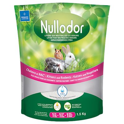 Nullodor geruchsbindende Streu, geeignet für Katzen und Nagetiere, 1,5 kg. Ultra-absorbierend, bio-kompatibel, sanft zu Pfoten.