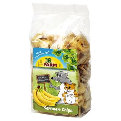 JR Farm chipsy bananowe, świeże z gospodarstwa, z wieloma witaminami. Opakowanie przedstawia banana i zwierzęta.