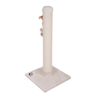 Cat tree with beige sisal post, toy hanger with feathers and padded base plate with paw motif.
