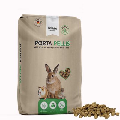 Porta Pellis lecho natural de trigo, 60L. Adecuado para conejos, cobayas y ratones. Características: 400% de absorción, controla olores, sin polvo. Fabricado en Alemania.