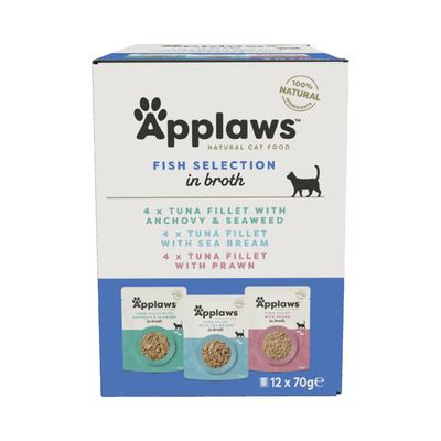 Fish selection in broth, 12 x 70g packs: 4 tuna fillet with anchovy and seaweed, 4 tuna fillet with sea bream, 4 tuna fillet with prawn. 100% natural ingredients.