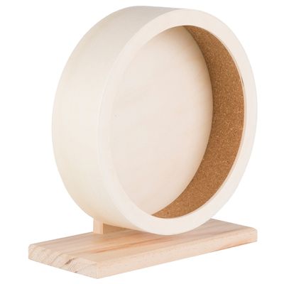 Rueda de ejercicio de madera clara con superficie interior de corcho y base estable, adecuada para pequeños animales.