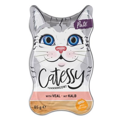 Catessy pástétom borjúval, 85g, gabonamentes receptúra. Macska alakú csomagolás 'Yummmmeow!' felirattal.