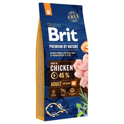Brit Premium by Nature, karma dla psów średnich ras (10-25 kg), wysoka zawartość kurczaka (45%), bez GMO, rozmiar M, Adult.