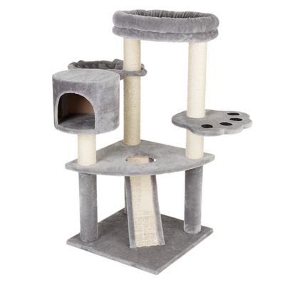 Cat tree with grey fabric cover, cave, lying surfaces and sisal posts. Colour options: grey and beige.