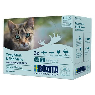 Bozita Tasty Meat & Fish Menu, švedski sastojci, bez žitarica, 100% životinjski protein. Okusi: losos, haringa, ekstra piletina, sob. Pakiranje 12x85g komadića u umaku.