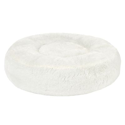Rundes, weisses Plüsch-Haustierbett mit Farboptionen in Grün, Beige, Grau und Braun.