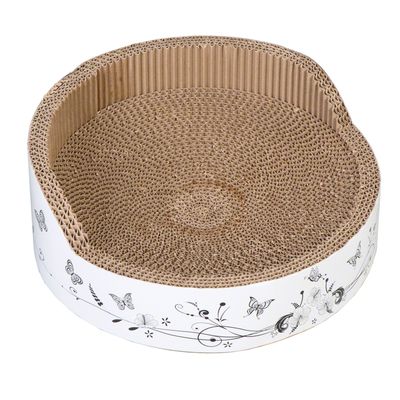 Round scratching mat made of corrugated cardboard with white edge, decorated with butterfly and flower motifs.