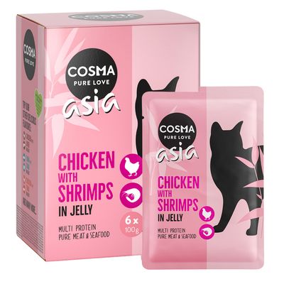 Cosma Pure Love Asia Tuna with Crab in Jelly, 6×100g, multi protein, pure fish & seafood feliratú macskaeledel csomagolás látható.