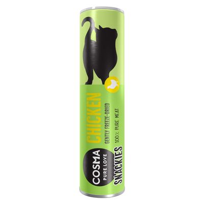 Cosma Snackies Chicken, gently freeze-dried, 100% pure meat. Packaging with green background and black cat silhouette.