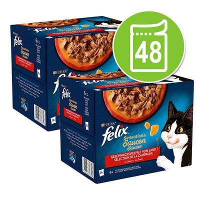 Purina felix Sensations Sauces macskaeledel, 2 doboz, összesen 48 tasak. Csomagoláson fekete-fehér macska és tál étel látható.