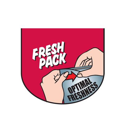 Ilustración de manos abriendo un paquete. Texto: Fresh Pack, Optimal Freshness.