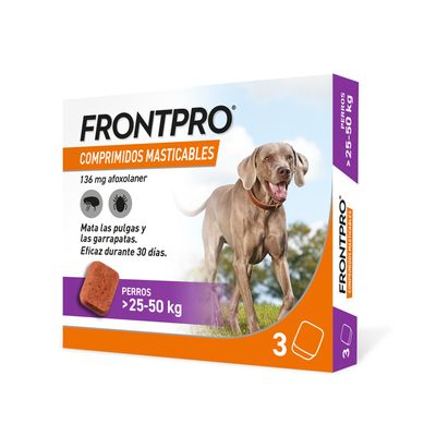Frontpro comprimidos masticables, 136 mg de afoxolaner. Eficaz contra pulgas y garrapatas para perros de 25-50 kg. Efectivo durante 30 días. Paquete de 3 comprimidos.