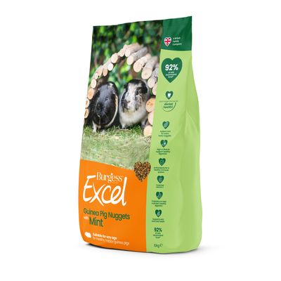 Burgess Excel Guinea Pig Nuggets with Mint, suitable for any age. Features: 92% recommend, added mint, high fibre, antioxidants, vitamin C, prebiotics, supports skin and coat health.