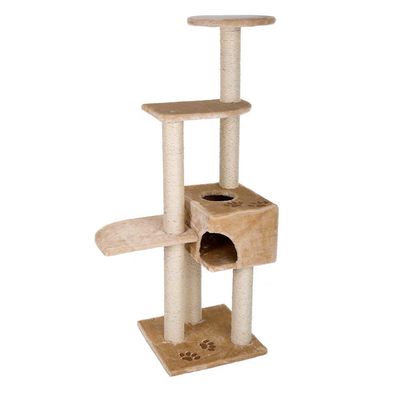 Multi-level beige scratching post with three platforms, a cubed hideaway, two circular holes on top, and sisal-wrapped posts. Paw print designs visible on base and cube.