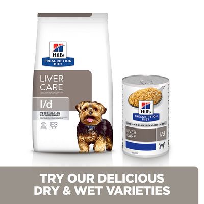 Hill's Prescription Diet Liver Care l/d száraz és nedves kutyaeledel csomagolás, rajta Yorkshire terrier képe. Felirat: TRY OUR DELICIOUS DRY & WET VARIETIES.
