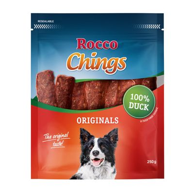 Rocco Chings Originals, 100% csirkemell csíkok, 250g. Csomagolás kutyaképpel és visszazárható kialakítással.